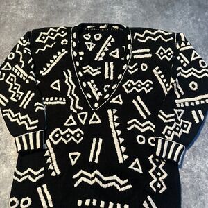 Vintage Abstract Geometric Print V Neck Sweater Black White Unique Art Pattern